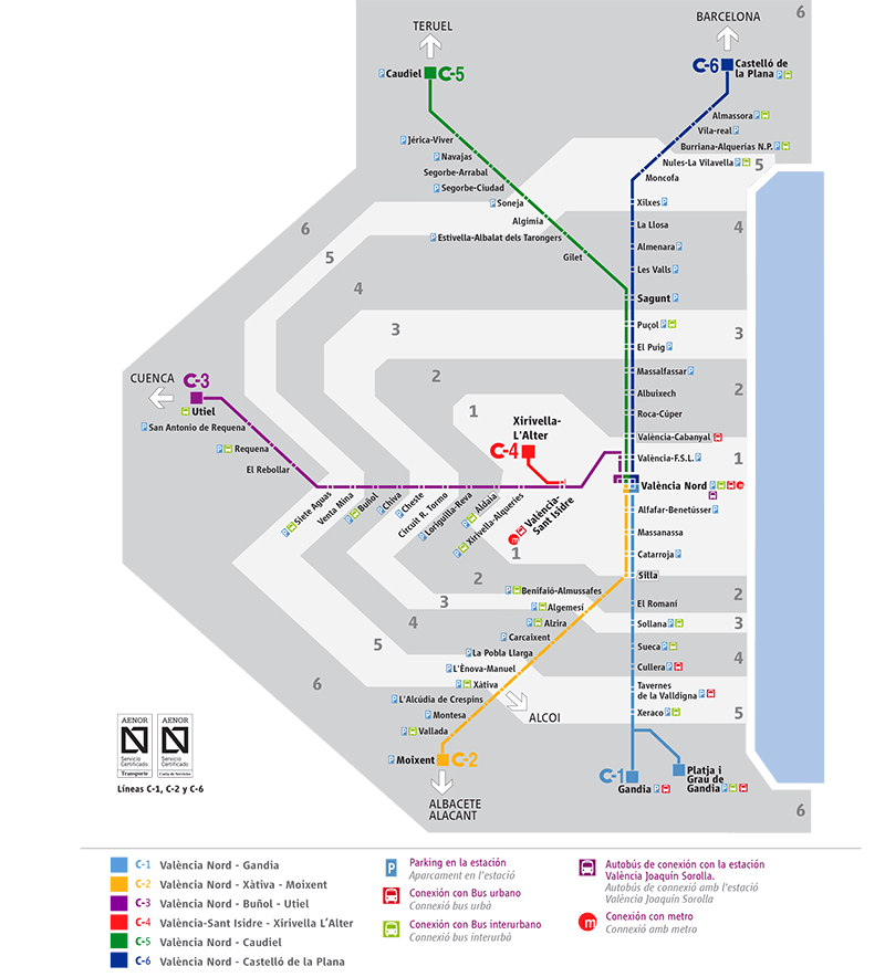 Mappa linee e zone Treni Cercanias di Valencia
