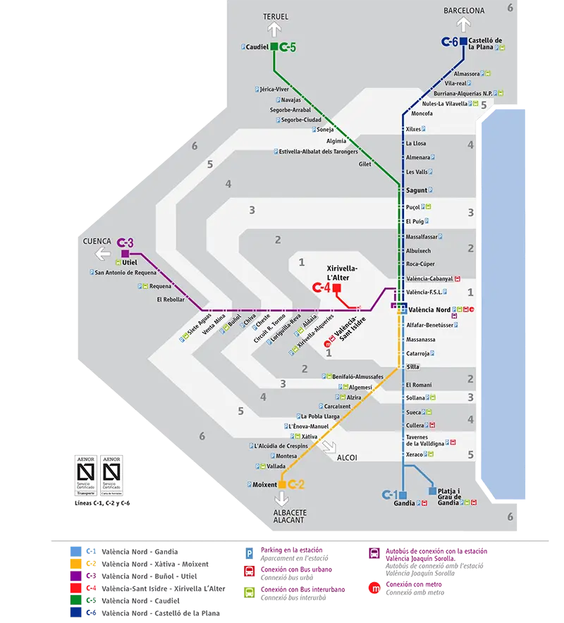 Mappa linee e zone Treni Cercanias di Valencia