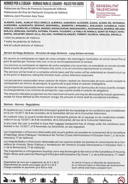 Avvisi regolamento taxi a Valencia Avvisi regolamento taxi a Valencia