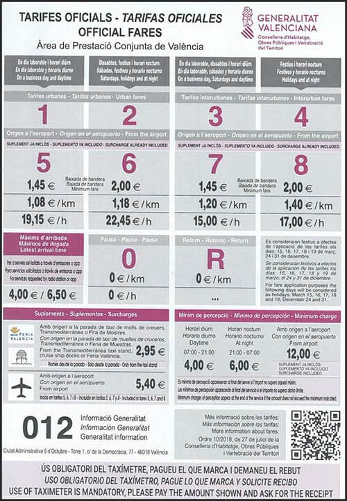 Tariiffe taxi a Valencia 2019 Tariiffe taxi a Valencia 2019